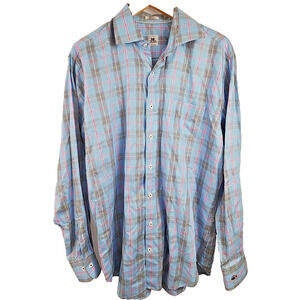Peter Millar Large Long Sleeve Button Up Shirt Blue Black Pink Plaid w/ Bird